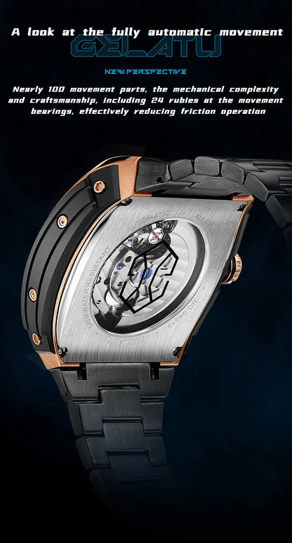 Reloj Hombre Watches Mens GELATU Top Brand Luxury Rose Black Skeleton Tourbillon Automatic Mechanical Watch for Men Waterproof
