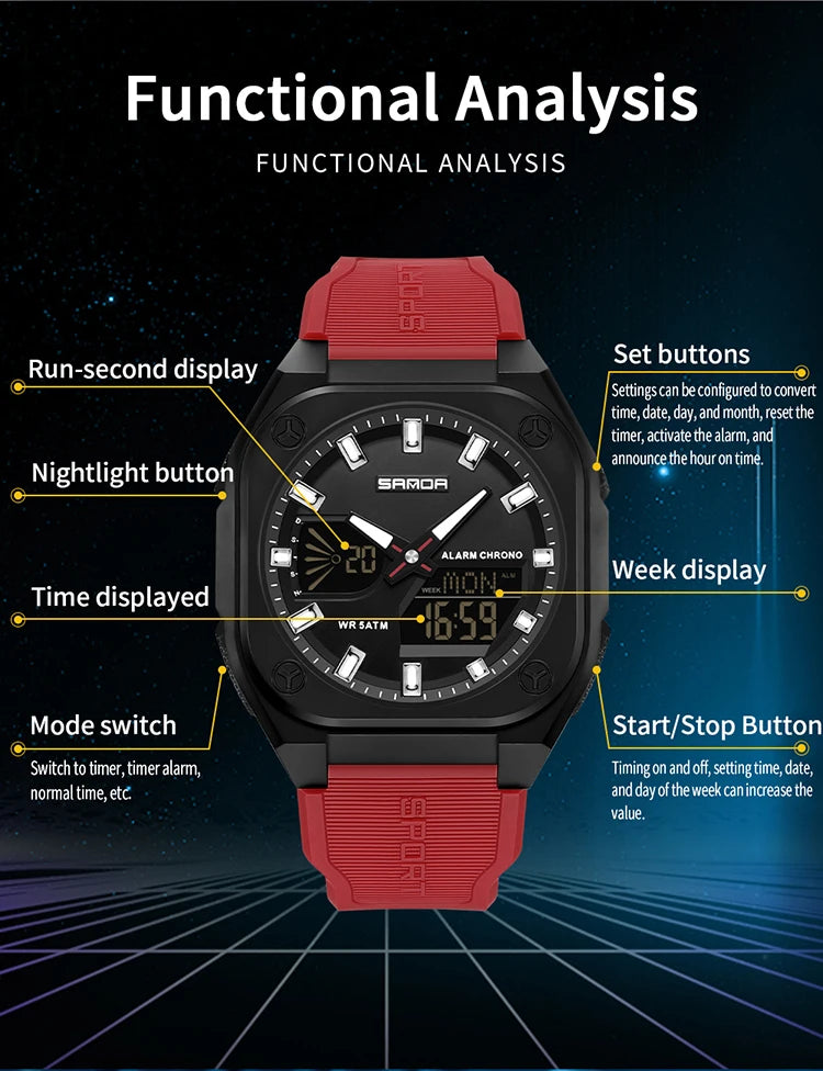 SANDA Quartz Watches for Men's Luxury Military Sport Chronograph Waterproof LED Dual Display Electronic Man Watches Reloj Hombre