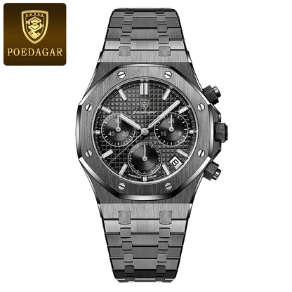 POEDAGAR Original Luxury Men's Watches Date Chronograph Stainless Steel Quartz Watch Waterproof Luminous Fashion Man Wristwatch