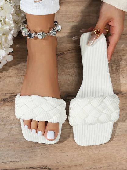 Square-toe Basket-Woven Sandals, Flat Home Slippers