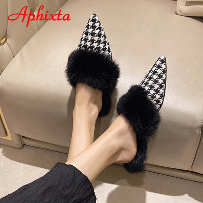 Aphixta New Warm Winter Real Rabbit Fur Plush Women Slippers Birds Furry Plaid Shoes Pointed Toe Flat Heel Hair Slides