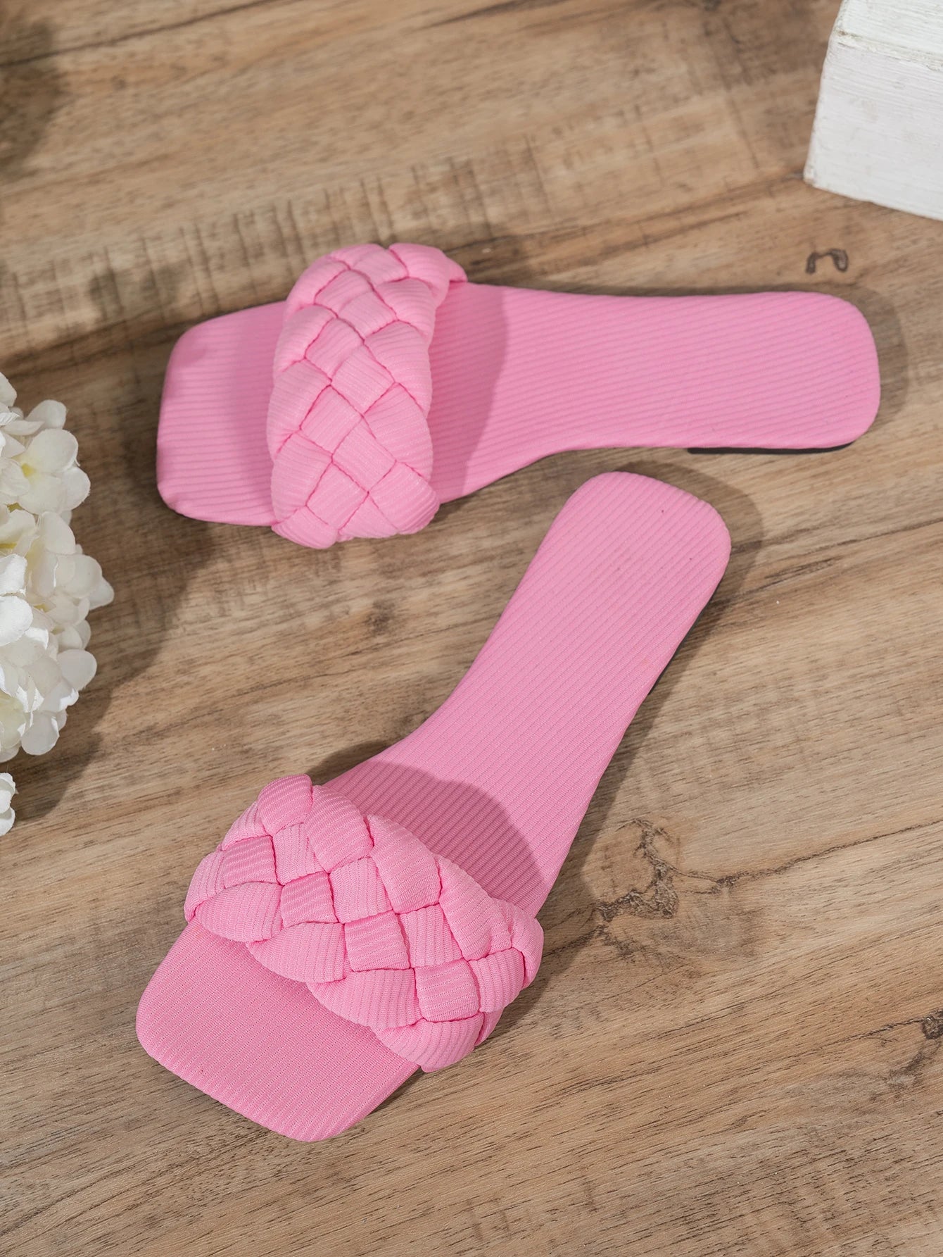 Square-toe Basket-Woven Sandals, Flat Home Slippers