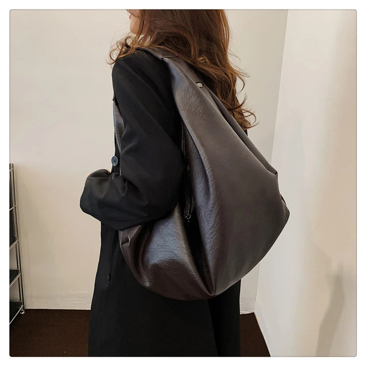 Big Black Shoulder Bags for Women Large Hobo Shopper Bag Solid Color Quality Soft Leather Crossbody Handbag Lady Travel Tote Bag