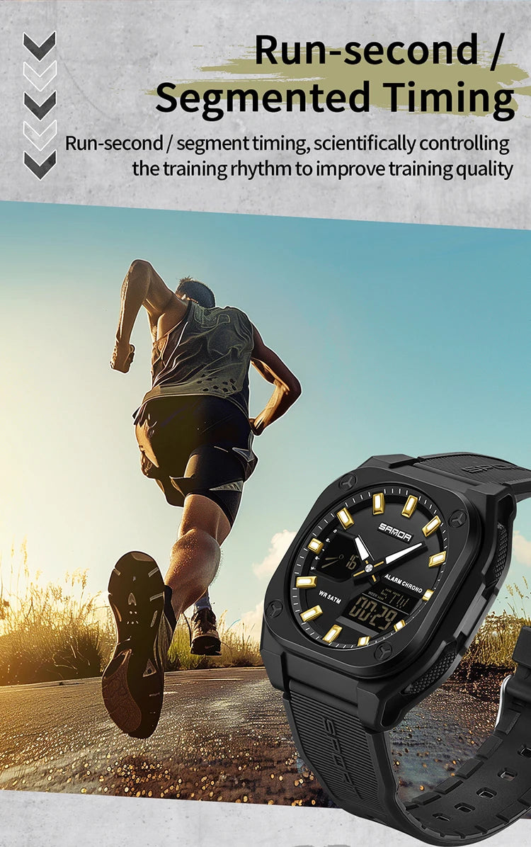 SANDA Quartz Watches for Men's Luxury Military Sport Chronograph Waterproof LED Dual Display Electronic Man Watches Reloj Hombre