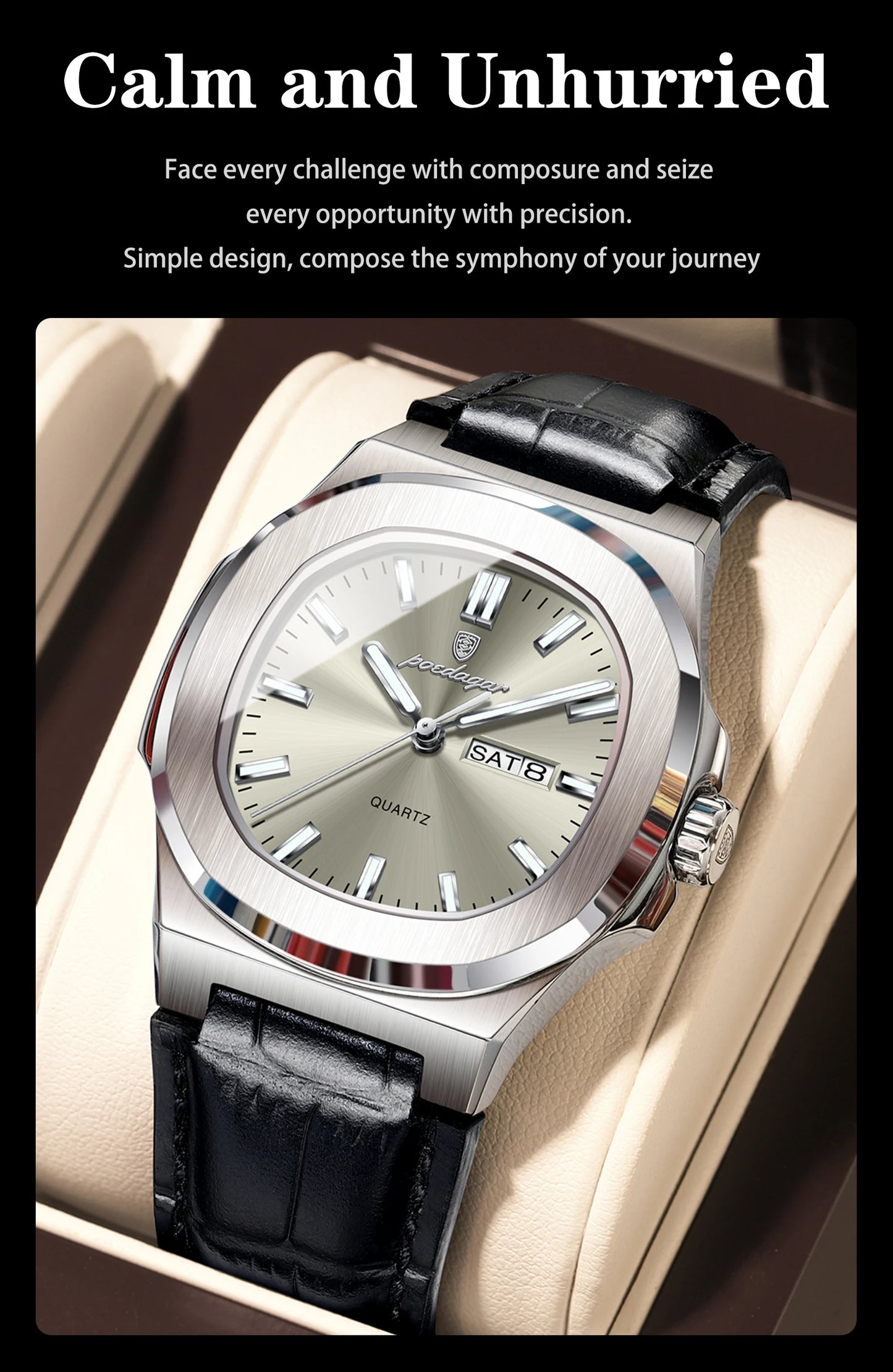 POEDAGAR High Quality Watch For Men Luxury Luminous Waterproof Week Calendar Man Clock Leather Square Men's Quartz Watches Reloj