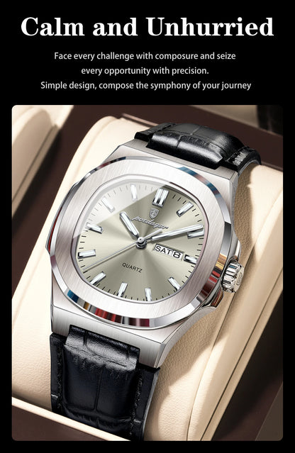 POEDAGAR High Quality Watch For Men Luxury Luminous Waterproof Week Calendar Man Clock Leather Square Men's Quartz Watches Reloj