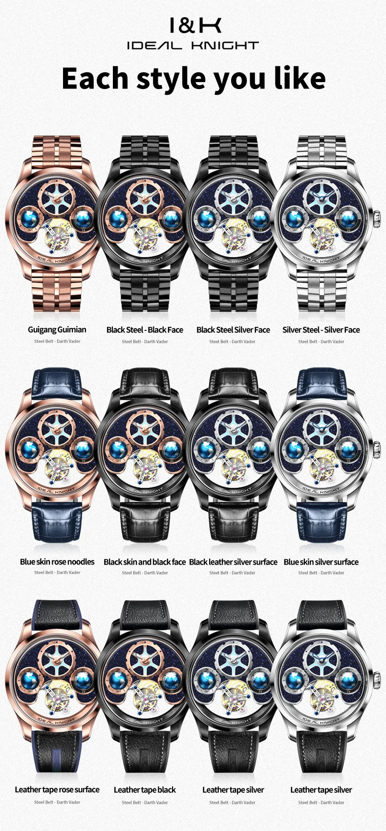 IDEAL KNIGHT 6808 Man Watch Blue Earth Dial Hollow Mechanical Watches For Men Waterproof Tourbillon Men's Automatic Wristwatches