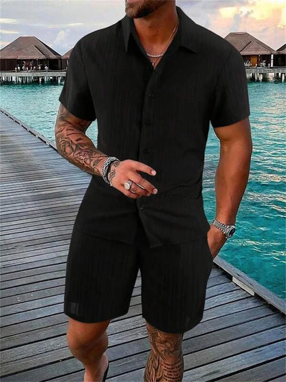 Hot autumn men's striped casual fashion suit shirt and shorts, beach casual suit autumn street wear