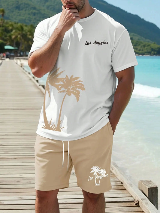 Summer 2025 new men's casual T-shirt and shorts set, new sportswear 2-piece set, 3D printed fashionable Hawaiian-style street we