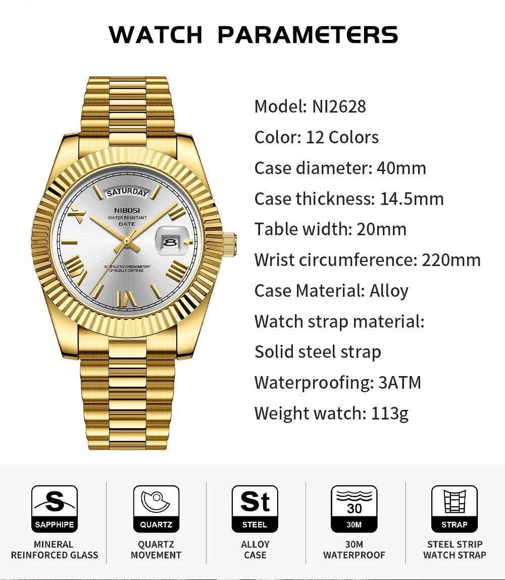 NIBOSI New Men Watch Brand Luxury Fashion Quartz Wristwatch Male Stainless Steel Waterproof Calendar Business Watches For Men