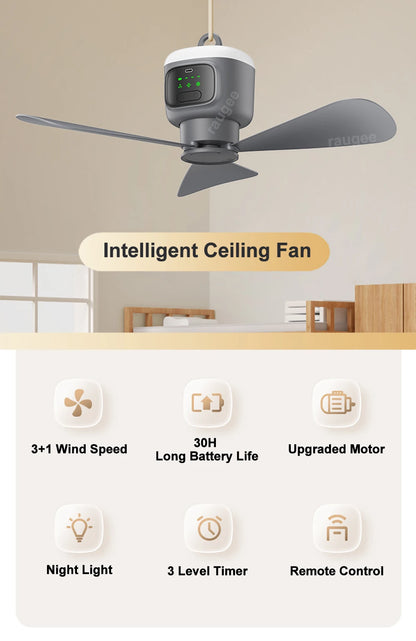 12000mAh Portable Camping Ceiling Fan with LED Light & Remote | Rechargeable Outdoor Tent Air Circulator Cooler