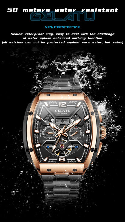 Reloj Hombre Watches Mens GELATU Top Brand Luxury Rose Black Skeleton Tourbillon Automatic Mechanical Watch for Men Waterproof