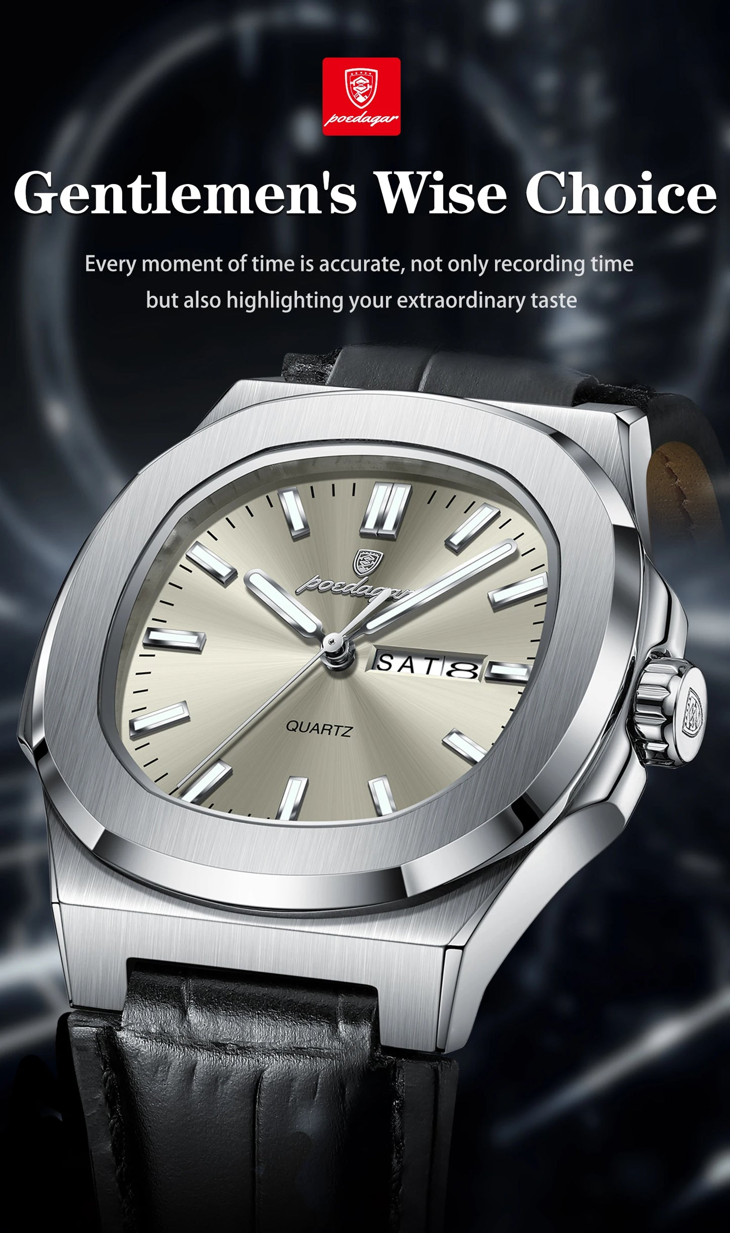 POEDAGAR High Quality Watch For Men Luxury Luminous Waterproof Week Calendar Man Clock Leather Square Men's Quartz Watches Reloj