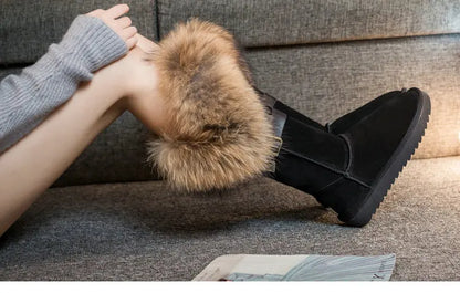 Winter Natural Fox Fur Long Boots Winter Fur Black Genuine Leather Snow Boots Knee- High Boots Waterproof Flat Raccoon Fur Boot