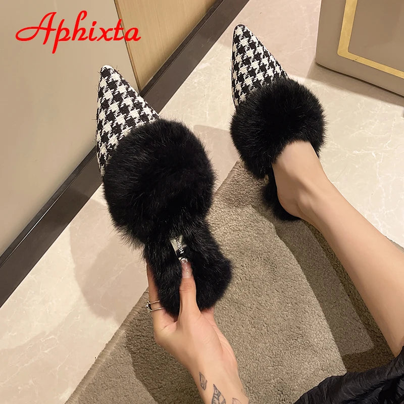 Aphixta New Warm Winter Real Rabbit Fur Plush Women Slippers Birds Furry Plaid Shoes Pointed Toe Flat Heel Hair Slides