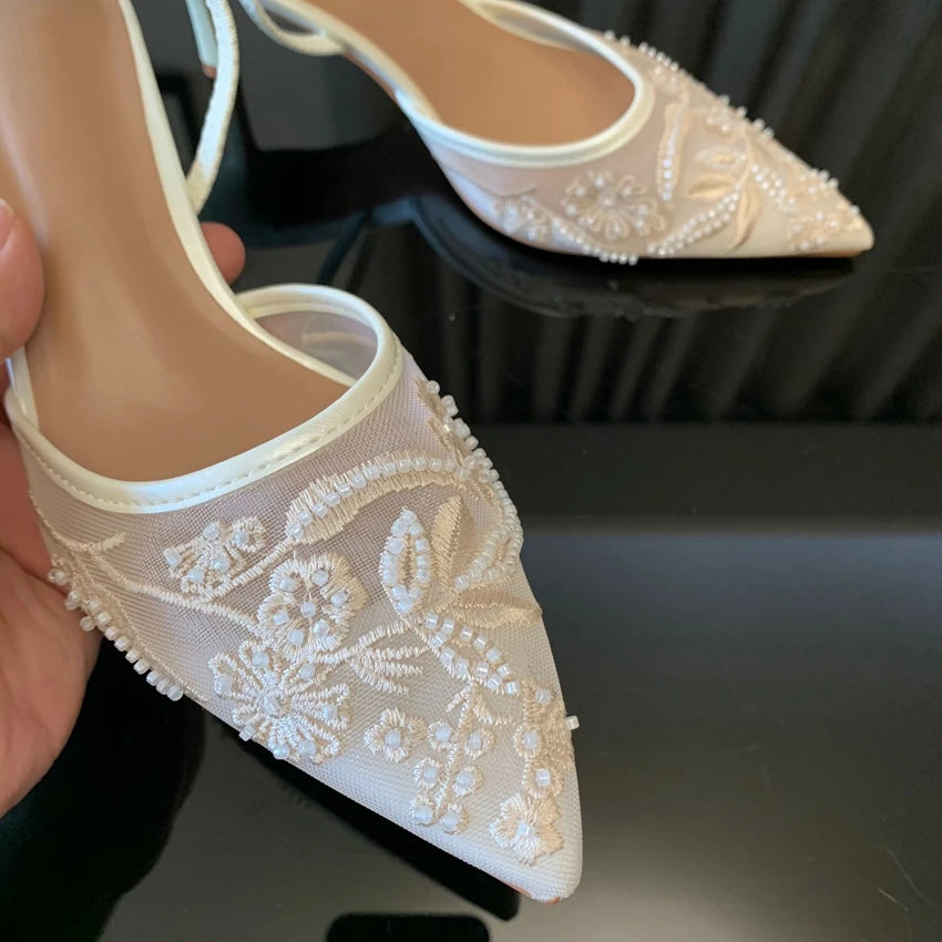 Brand Designer White Women Pumps Mesh Embroidered Flowers Back Strap Sexy Slingback High Heels Dress Wedding Shoes for Ladies