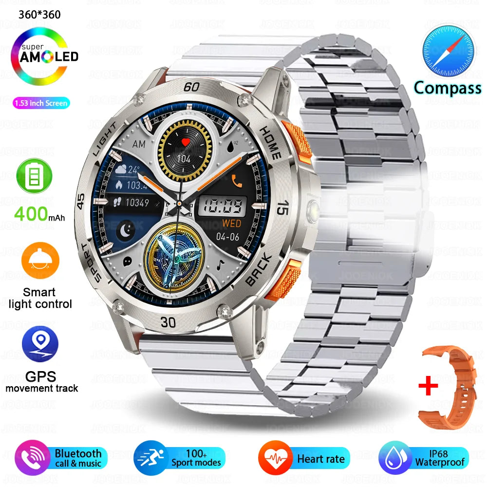 5ATM LED Flashlight Smart Watch Men 100+ Sports Modes Health Monitor Man Watches Bluetooth Call Men Smartwatches For Android ios
