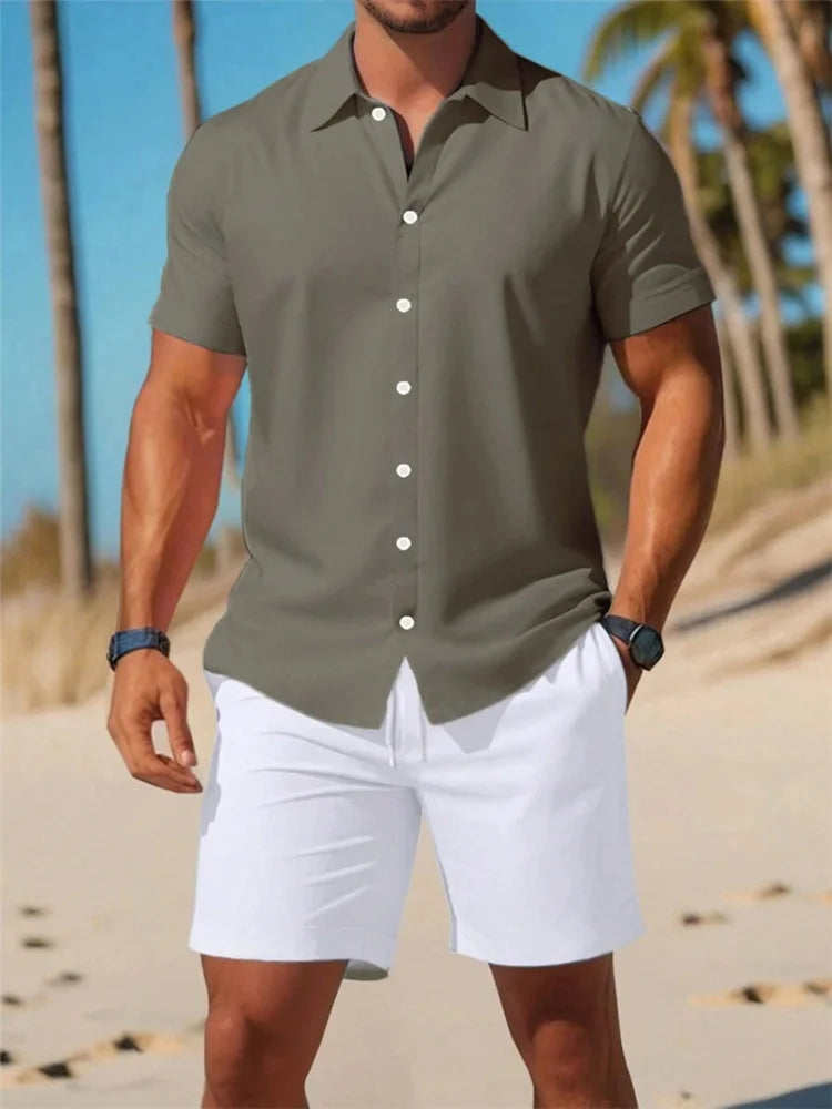 Summer Men's Solid Color Short Sleeve Shirt Set Lapel Button Front Shirt T Shirt Athletic Casual Shorts Set Hawaii Vacation Wear