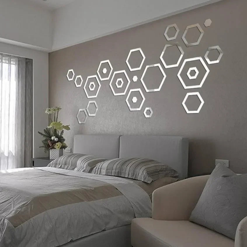 24Pcs Hexagon 3D Mirror Wall Stickers | Self-Adhesive Waterproof Honeycomb Design for Bedroom & Home Decoration