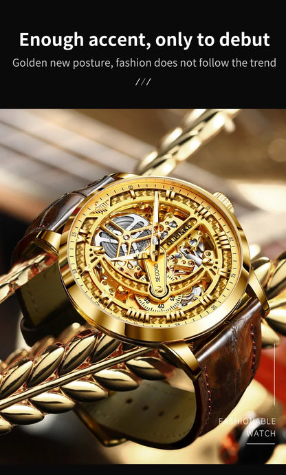 OUPINKE 3173 Men's Full Gold Watch Fully hollow out Waterproof top-level luxury automatic mechanical watch