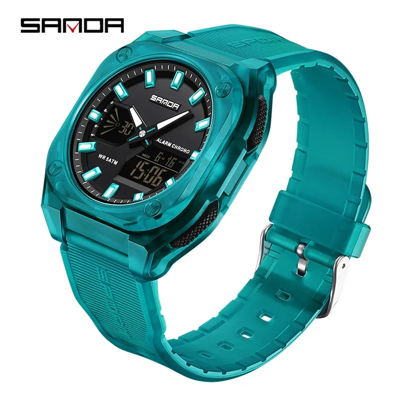 SANDA Quartz Watches for Men's Luxury Military Sport Chronograph Waterproof LED Dual Display Electronic Man Watches Reloj Hombre