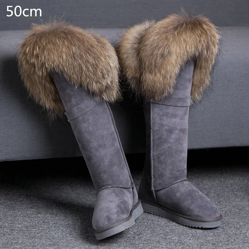Winter Natural Fox Fur Long Boots Winter Fur Black Genuine Leather Snow Boots Knee- High Boots Waterproof Flat Raccoon Fur Boot