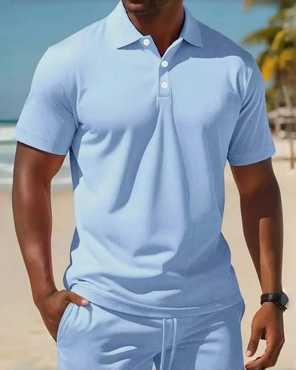 2025Men's business Casual beach sports Two-piece set, Drawstring elastic waist sports shorts set, button access control lapeltop