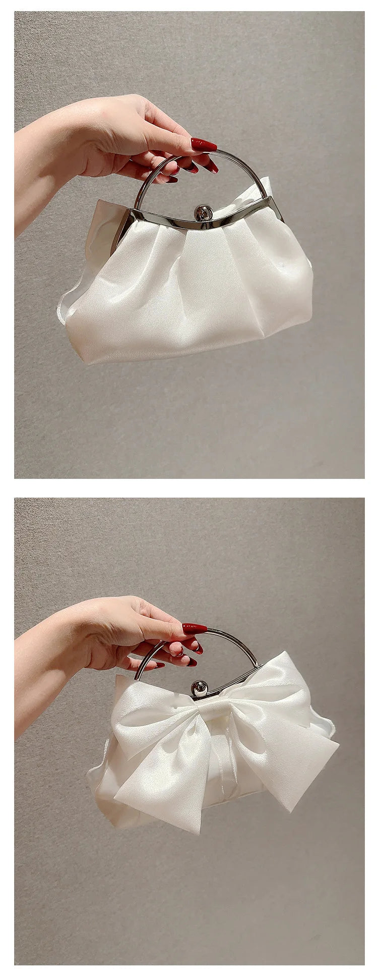 White Satin Bow Fairy Evening Bags Clutch Metal Handle Handbags for Women Wedding Party Bridal Clutches Purse Chain Shoulder Bag