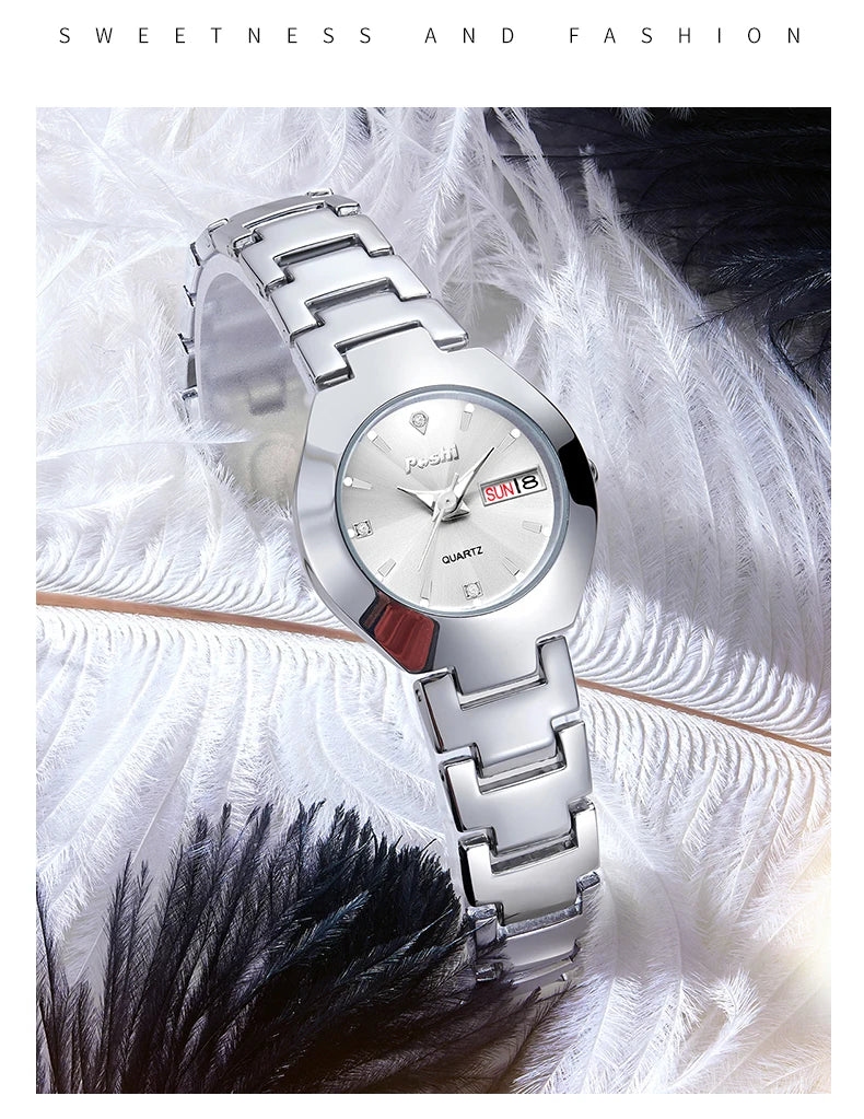 Swiss Brand POSHI Women Watch Stainless Steel Simple Waterproof Luminous with Date Week Quartz Watches Elegant Bracelet for Gift