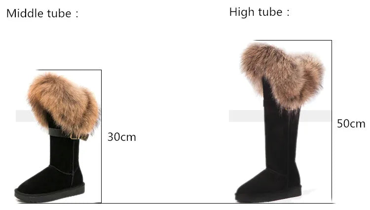 Winter Natural Fox Fur Long Boots Winter Fur Black Genuine Leather Snow Boots Knee- High Boots Waterproof Flat Raccoon Fur Boot