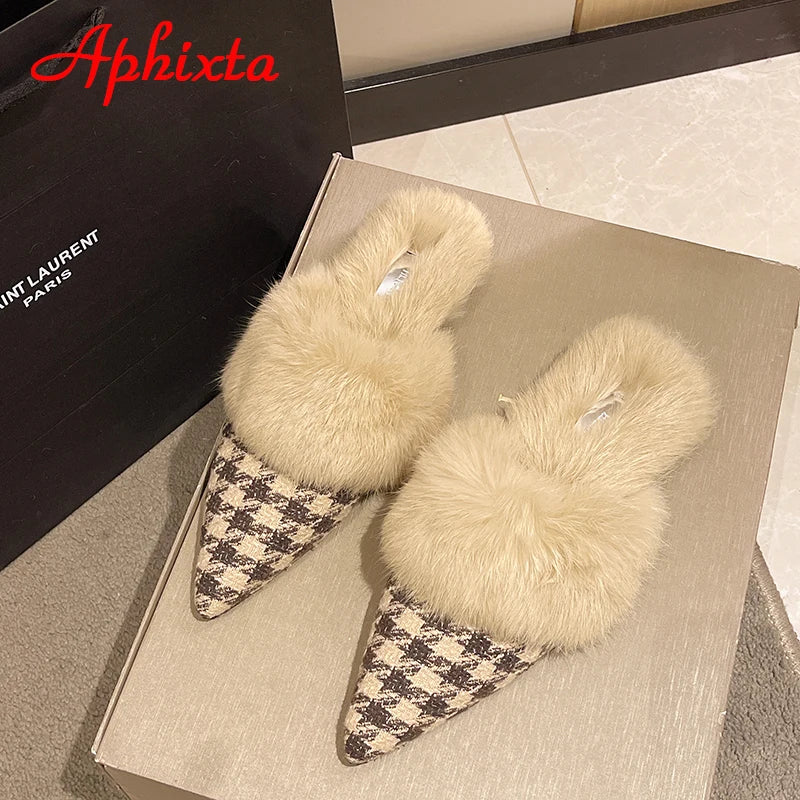 Aphixta New Warm Winter Real Rabbit Fur Plush Women Slippers Birds Furry Plaid Shoes Pointed Toe Flat Heel Hair Slides