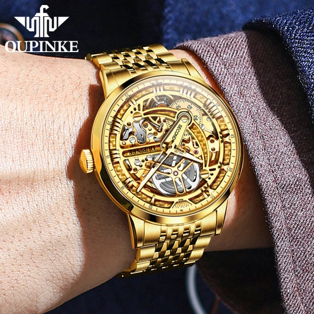 OUPINKE 3173 Men's Full Gold Watch Fully hollow out Waterproof top-level luxury automatic mechanical watch