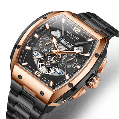 Reloj Hombre Watches Mens GELATU Top Brand Luxury Rose Black Skeleton Tourbillon Automatic Mechanical Watch for Men Waterproof