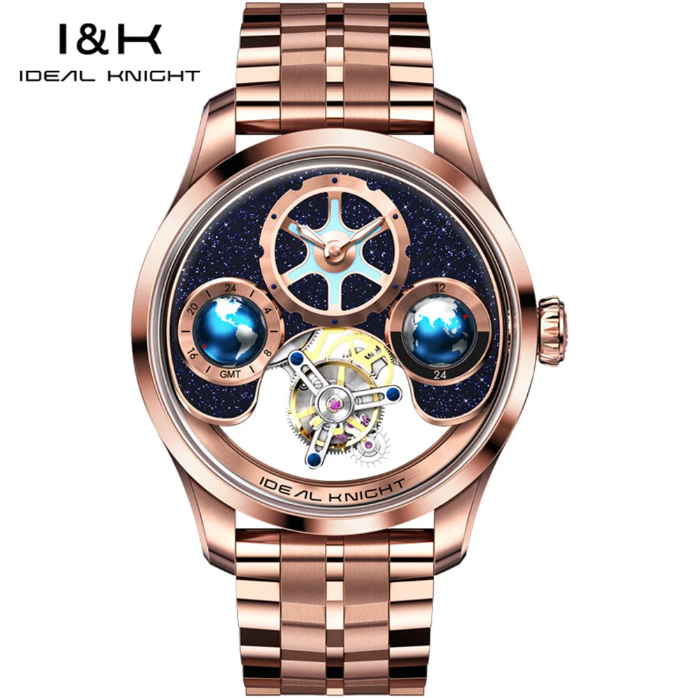 IDEAL KNIGHT 6808 Man Watch Blue Earth Dial Hollow Mechanical Watches For Men Waterproof Tourbillon Men's Automatic Wristwatches