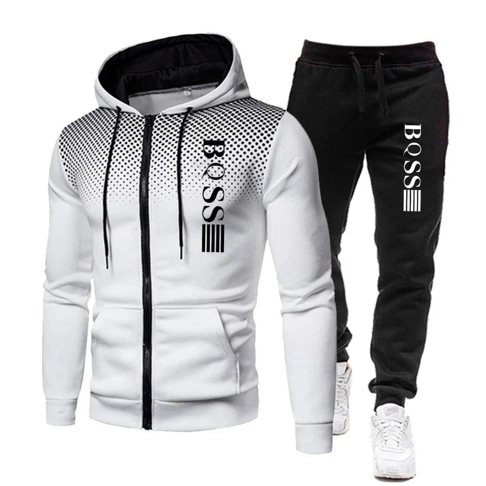 Fashion Print Tracksuit for Men Zipper Hooded Sweatshirt and Sweatpants Two Pieces Suits Male Casual Fitness Jogging Sports Sets