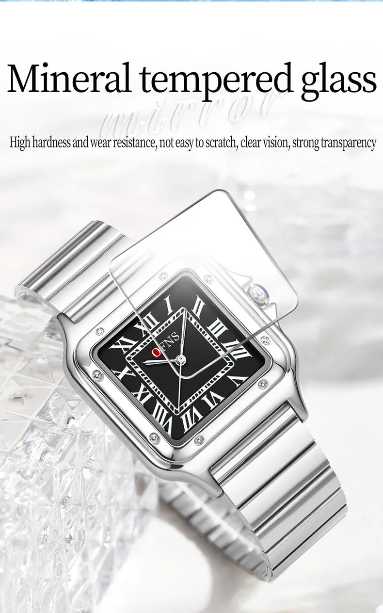 OFNS 2025 New 1516 Square Couple Quartz Watch 3ATM Waterproof Mineral Glass Roman Scale Simple Fashion Watch for Men and Women
