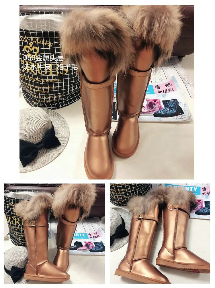 Winter Natural Fox Fur Long Boots Winter Fur Black Genuine Leather Snow Boots Knee- High Boots Waterproof Flat Raccoon Fur Boot
