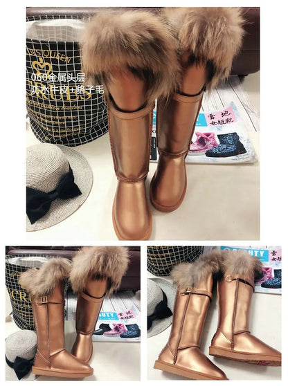 Winter Natural Fox Fur Long Boots Winter Fur Black Genuine Leather Snow Boots Knee- High Boots Waterproof Flat Raccoon Fur Boot