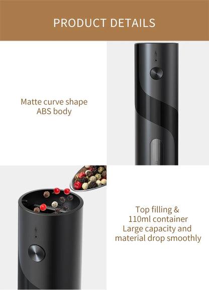 2Pcs/Set USB Rechargeable Automatic Pepper Grinder Salt And Pepper Mill Adjustable Coarseness Spice Grinder with LED for Kitchen