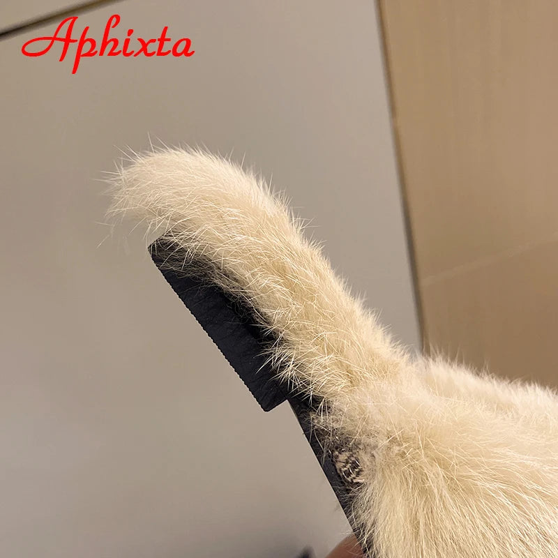 Aphixta New Warm Winter Real Rabbit Fur Plush Women Slippers Birds Furry Plaid Shoes Pointed Toe Flat Heel Hair Slides