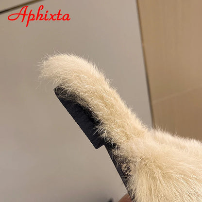 Aphixta New Warm Winter Real Rabbit Fur Plush Women Slippers Birds Furry Plaid Shoes Pointed Toe Flat Heel Hair Slides