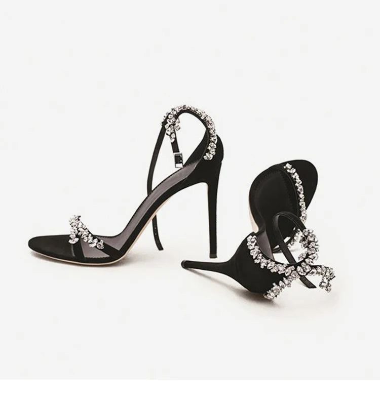 Black High Heels Women's Stiletto Heels Celebrity Style 2024 New Versatile Slotted Buckle Rhinestone Open Toe Round Toe Sandals