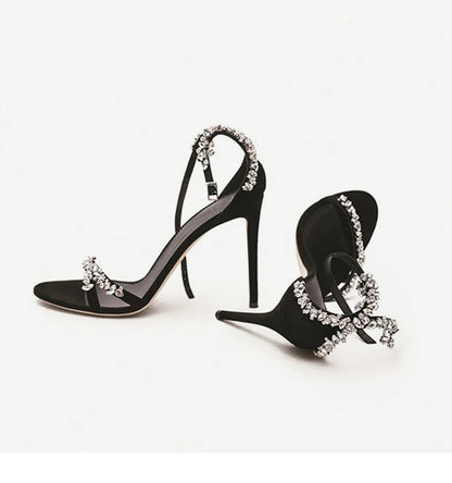 Black High Heels Women's Stiletto Heels Celebrity Style 2024 New Versatile Slotted Buckle Rhinestone Open Toe Round Toe Sandals