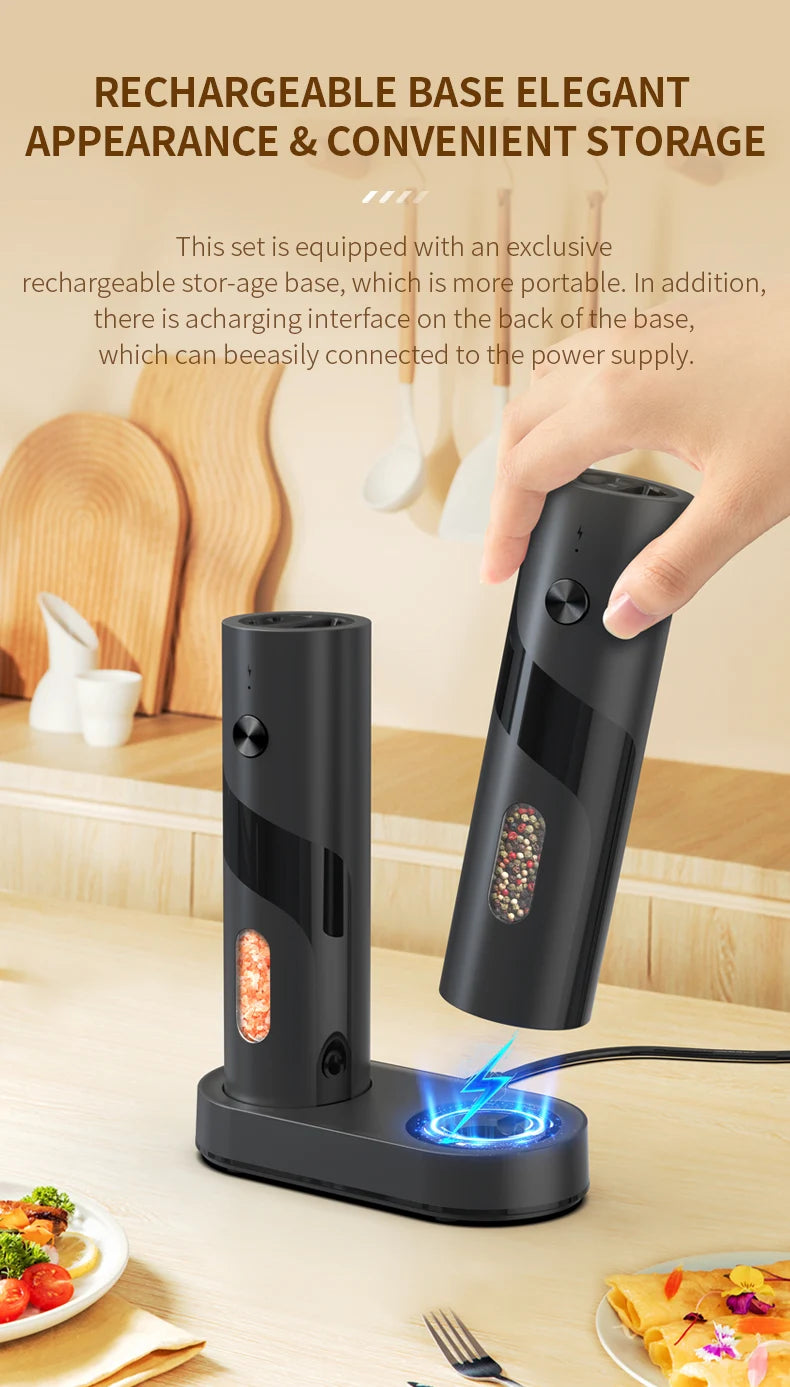 2Pcs/Set USB Rechargeable Automatic Pepper Grinder Salt And Pepper Mill Adjustable Coarseness Spice Grinder with LED for Kitchen