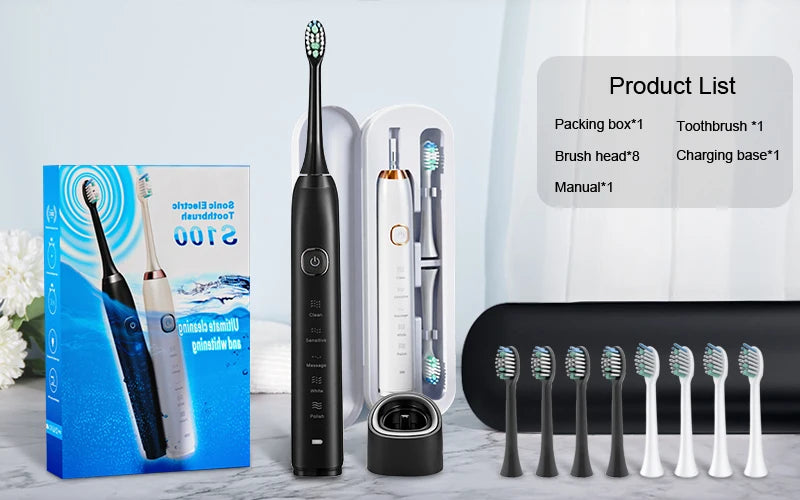 Sarmocare S100 Electric Sonic Toothbrush | Smart Rechargeable Ultrasonic Toothbrush with 8 Brush Heads for Deep Cleaning & Whitening