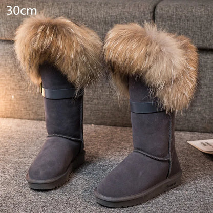 Winter Natural Fox Fur Long Boots Winter Fur Black Genuine Leather Snow Boots Knee- High Boots Waterproof Flat Raccoon Fur Boot