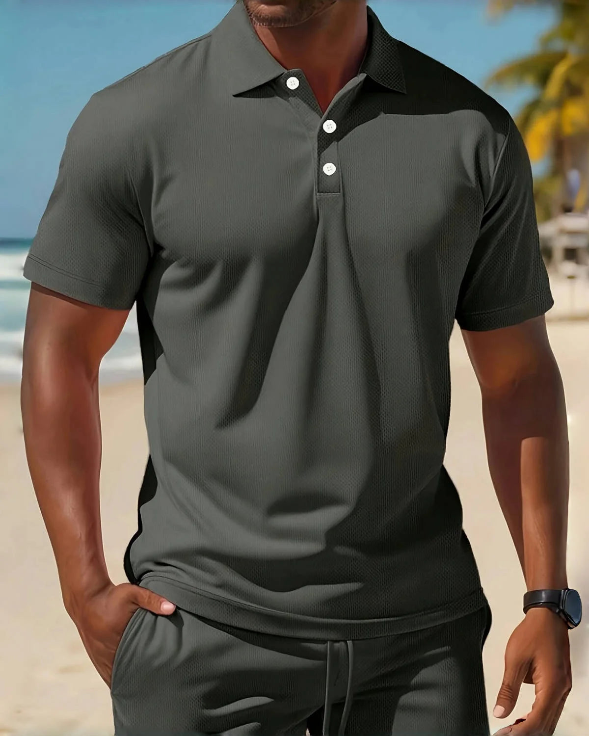 2025Men's business Casual beach sports Two-piece set, Drawstring elastic waist sports shorts set, button access control lapeltop