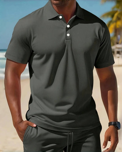 2025Men's business Casual beach sports Two-piece set, Drawstring elastic waist sports shorts set, button access control lapeltop