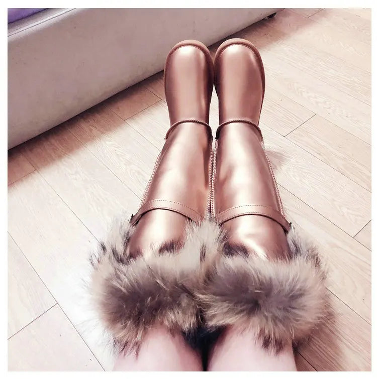 Winter Natural Fox Fur Long Boots Winter Fur Black Genuine Leather Snow Boots Knee- High Boots Waterproof Flat Raccoon Fur Boot