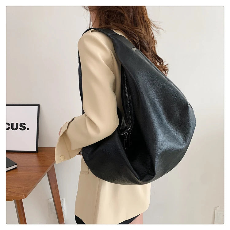 Big Black Shoulder Bags for Women Large Hobo Shopper Bag Solid Color Quality Soft Leather Crossbody Handbag Lady Travel Tote Bag